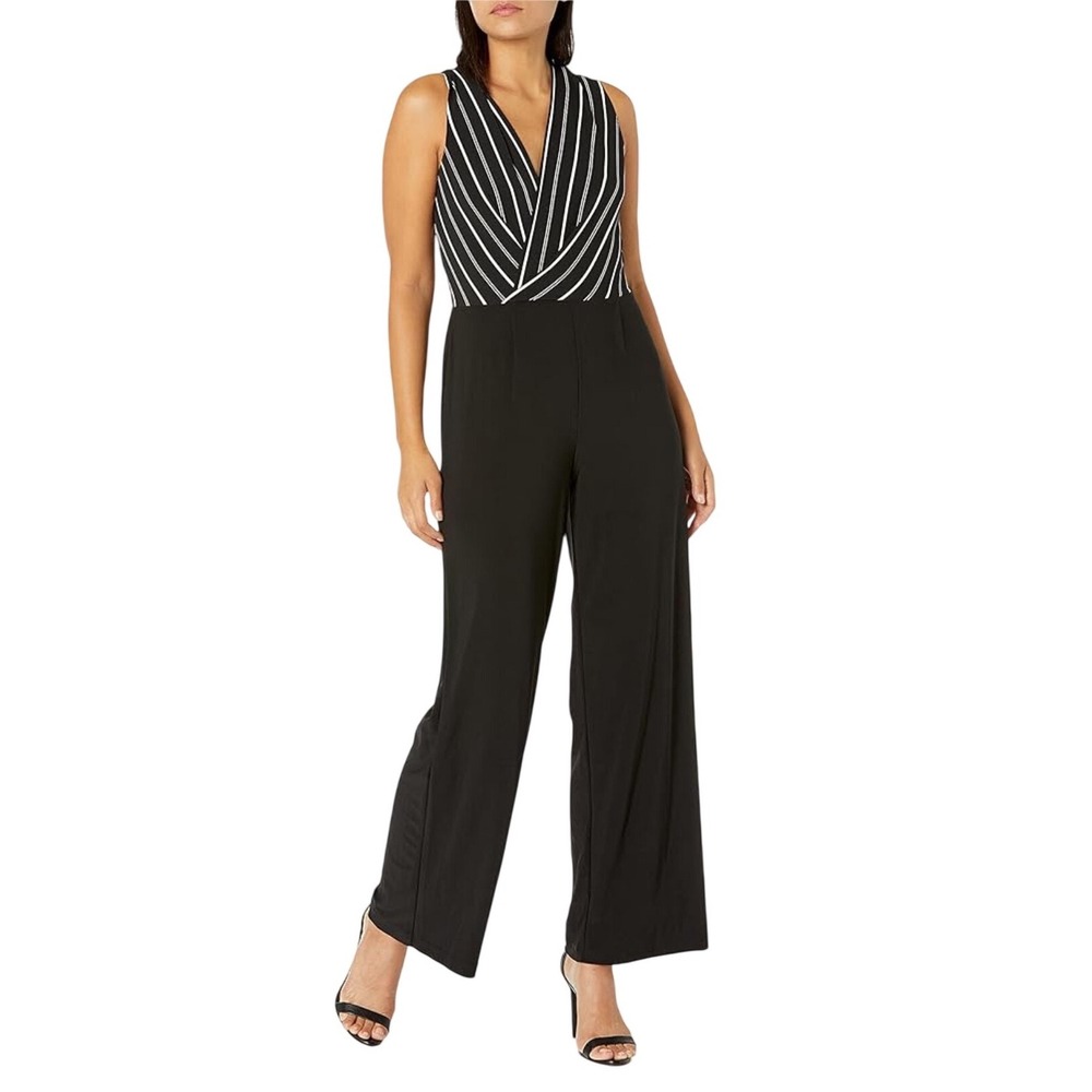Bebe Womens Black Striped Wrap Surplice Wide Leg Jumpsuit Size 4 USA‎ Made